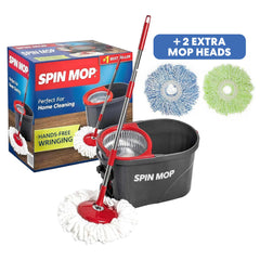 SIMPLI-MAGIC front view of red black spin mop kit showing components and value