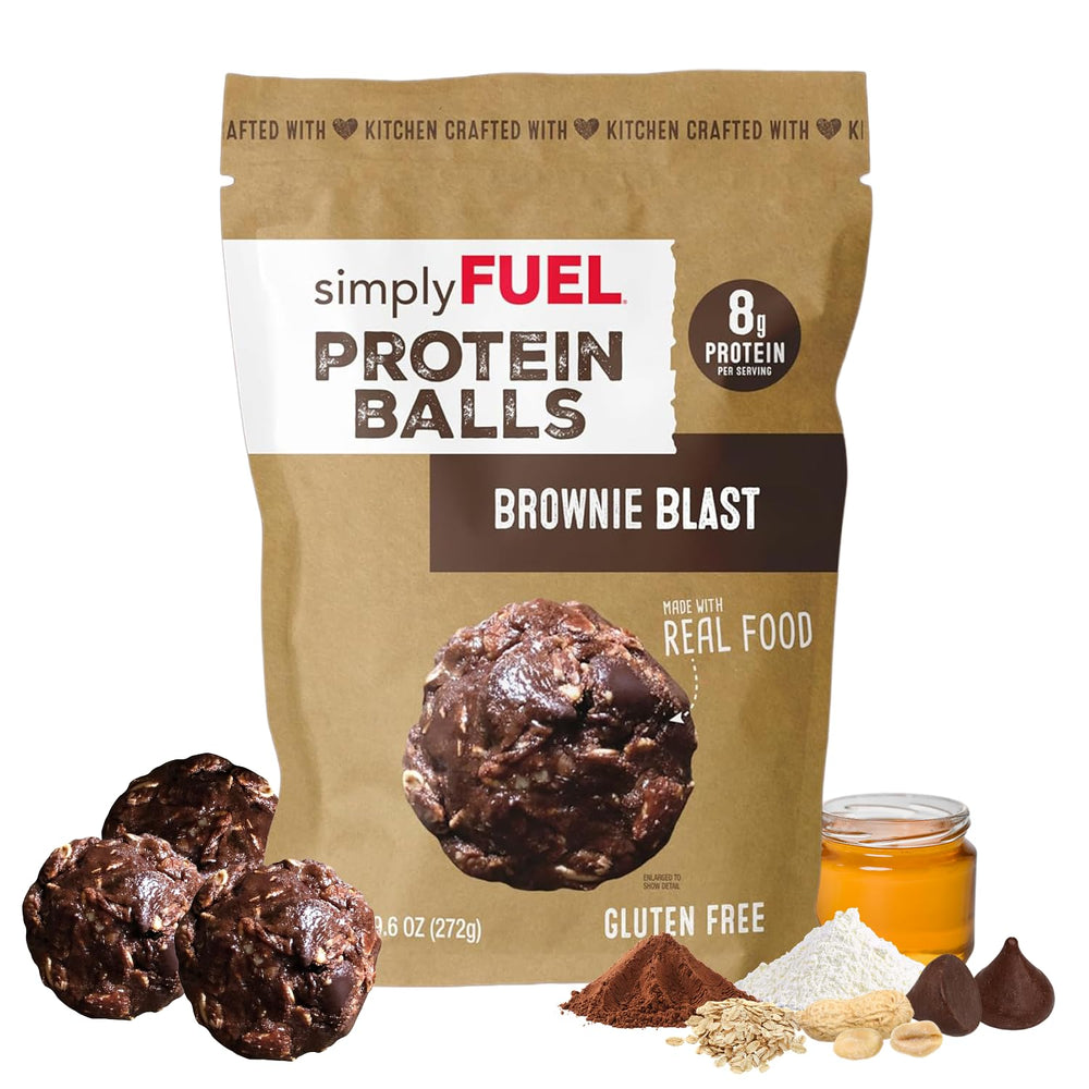 simplyFUEL front packaging of Brownie Blast protein balls shows resealable pouch and serving size