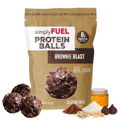 simplyFUEL front packaging of Brownie Blast protein balls shows resealable pouch and serving size
