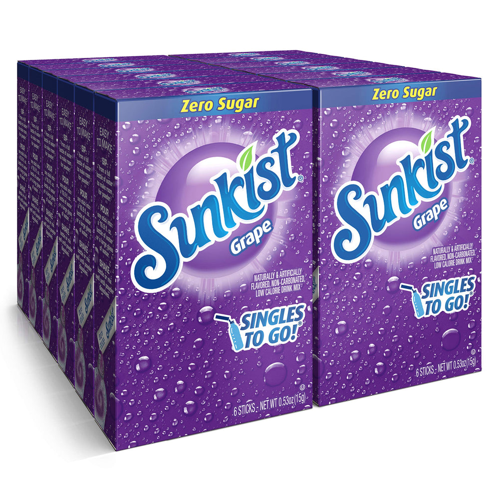 SINGLES TO GO! Sunkist grape front box showing 6-stick packaging and portable convenience