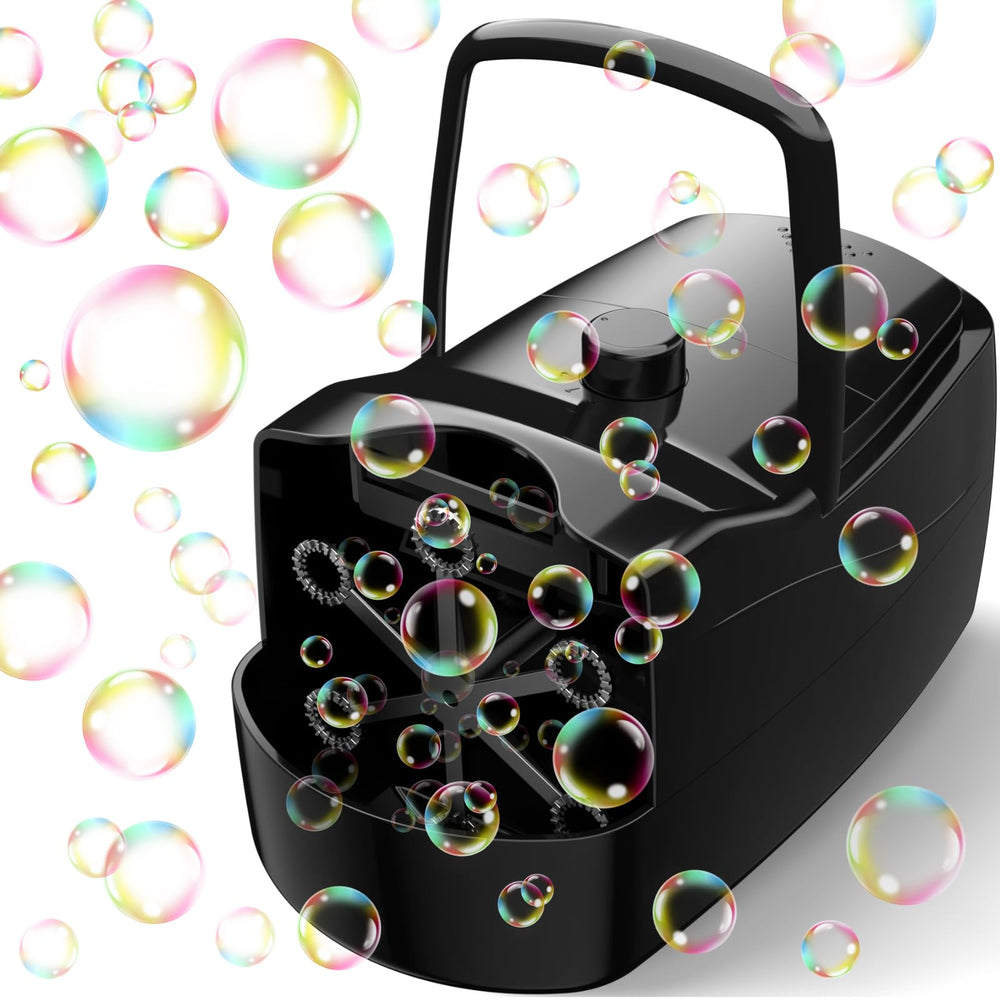 Sizonjoy bubble machine front view showing black housing and bubble output benefit entertainment