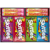 Skittles and Starburst variety box front showing brand logos and count, convenient storage