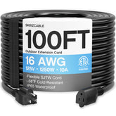 Skrizcable front view of 100ft outdoor extension cord showing full length and connectors, durable power
