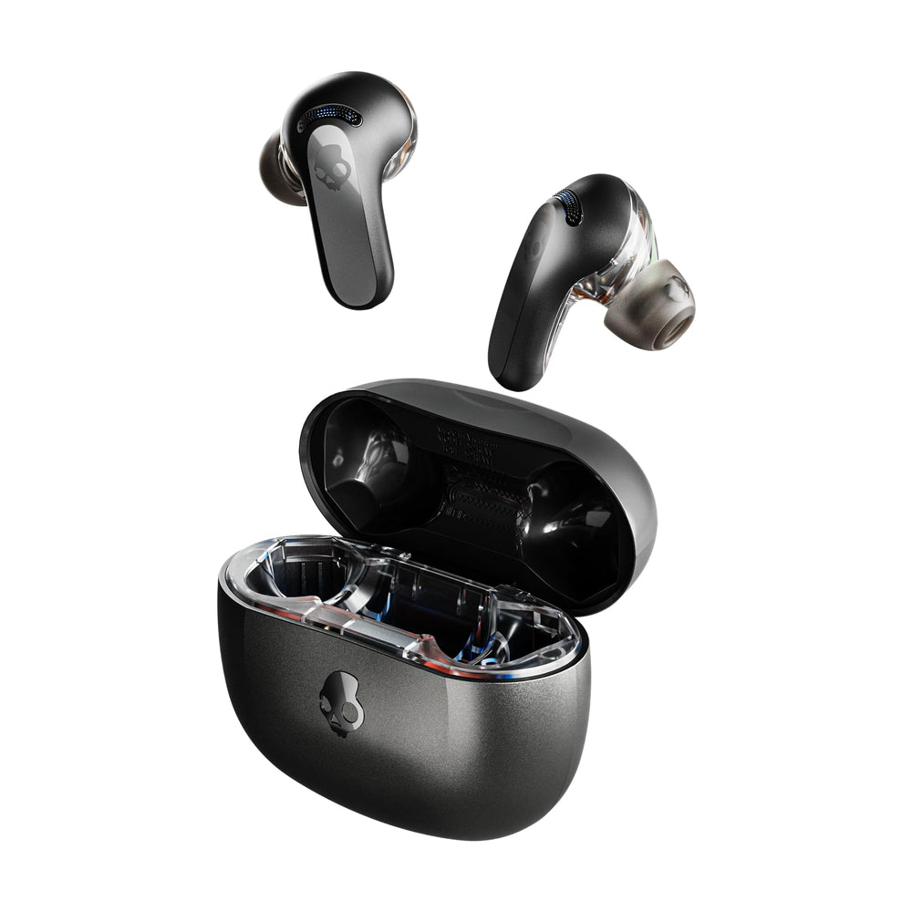 Skullcandy Rail ANC front view showing earbuds and case for easy transport