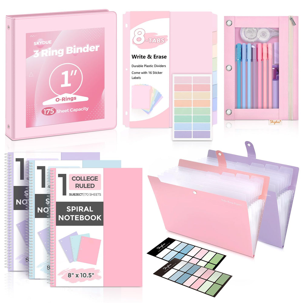 SKYDUE front view of pink binder set showing neat organization benefit