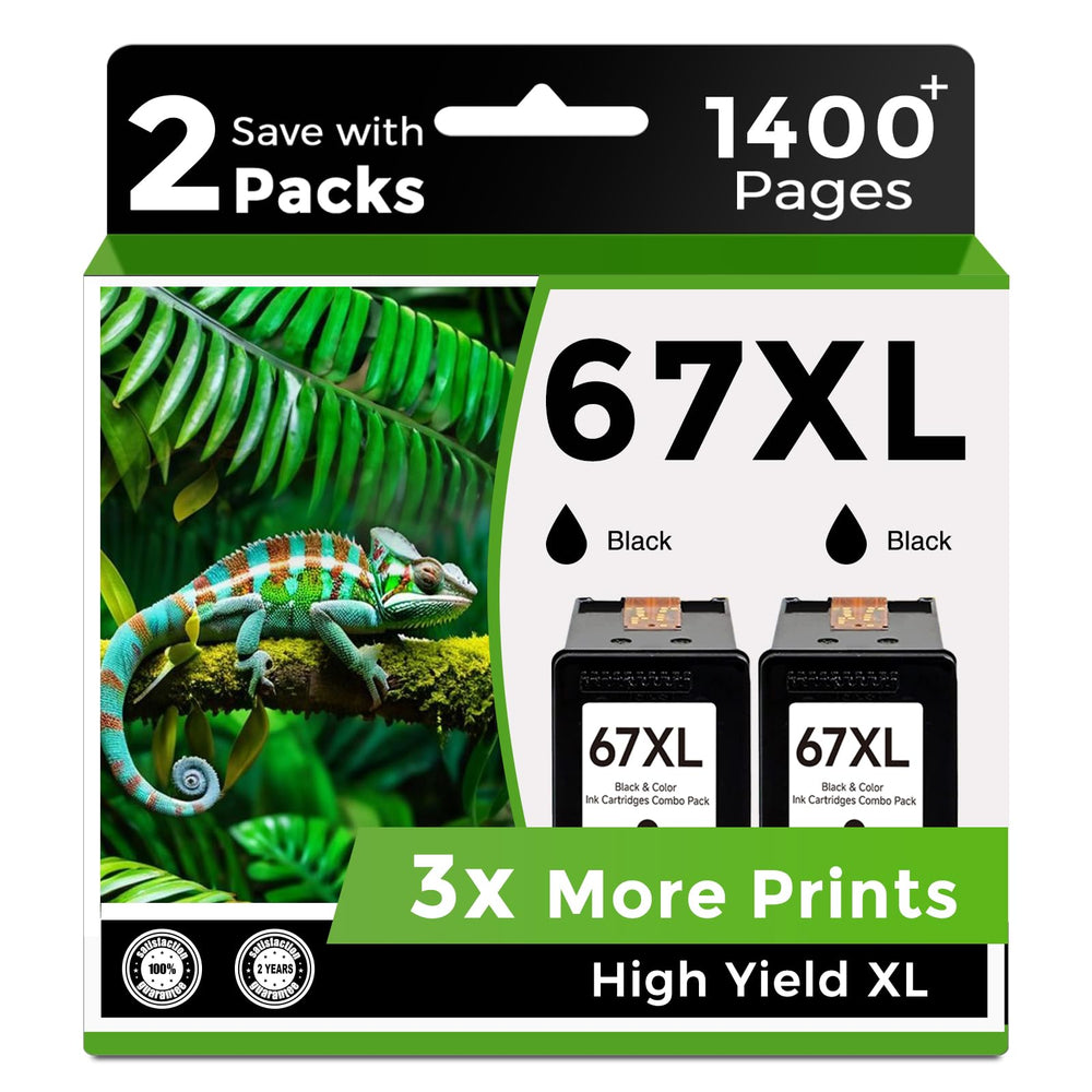 Skyink 67XL front packaging showing two cartridges and compatibility list benefits