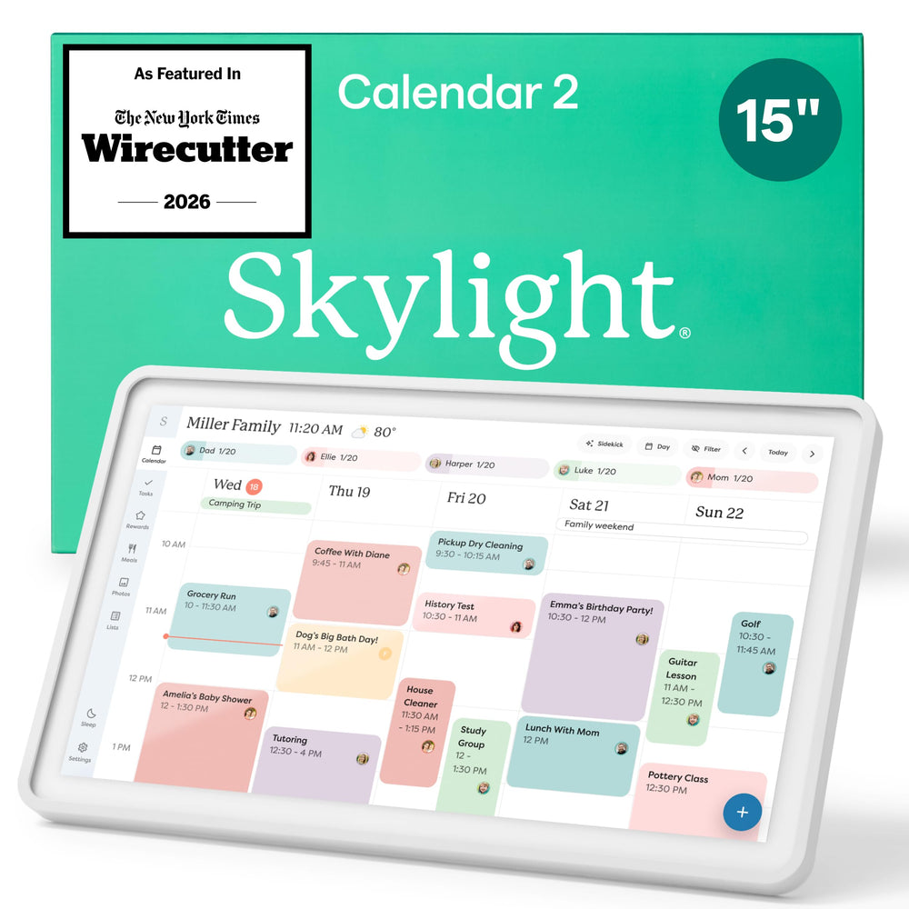 Skylight Calendar 2 front view showing clean white frame and bright calendar display, improves family organization.