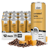 Slate caramel latte front packaging showing can and logo, highlights high-protein benefit