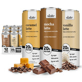 Slate energy variety pack front view showing three latte flavors for convenient protein