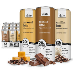 Slate energy variety pack front view showing three latte flavors for convenient protein
