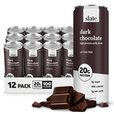 Slate front can view showing dark chocolate flavor and nutritional callouts