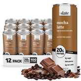 Slate front can showing Mocha Latte label and nutrition highlights for portability