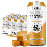 Slate salted caramel front can showing clean branding and high protein benefit