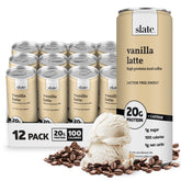 Slate front can of Vanilla Latte showing branding and flavor, convenient protein boost
