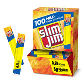 Slim Jim front packaging showing 100-count and mild flavor, easy storage benefit