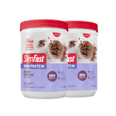 SlimFast front packaging showing creamy chocolate and servings benefit