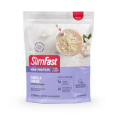 SlimFast vanilla cream front packaging showing tub and servings benefit convenience