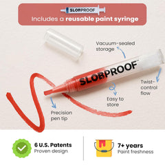 Slobproof pen held in hand showing compact size and easy handling benefit