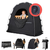 SlumberPod front view showing blackout tent and tidy setup benefit privacy