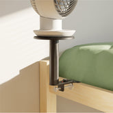 Smallish FanShelfie front view mounted on bed rail showing compact design and secure hold
