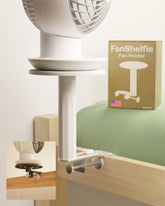 Smallish front view of FanShelfie showing clean white holder and compact profile for space saving