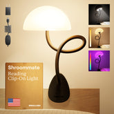 Smallish Shroommate front view in black showing compact lamp and clip, ideal for space-saving lighting