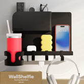 Smallish WallShelfie front view showing sleek black bedside shelf and tidy storage benefit