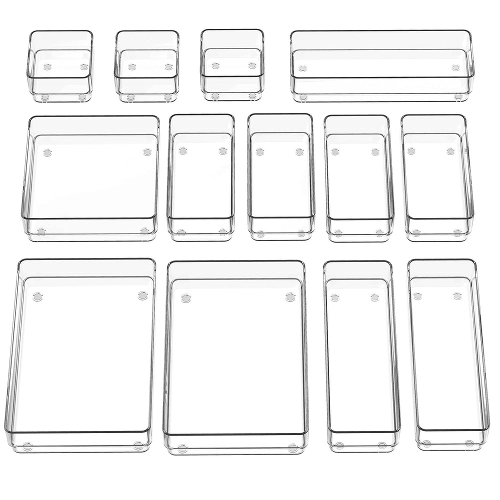 SMARTAKE front view of clear 13-piece organizer showing all tray sizes and tidy benefit