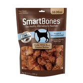 SmartBones front packaging showing 56-count mini peanut butter chews and benefits