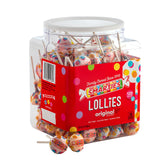 Smarties jar front showing colorful lollies and clear label for party convenience
