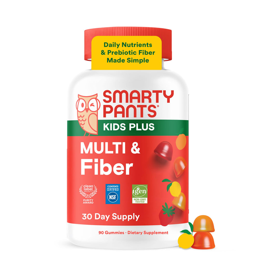 SmartyPants front packaging showing kids multi and fiber benefits