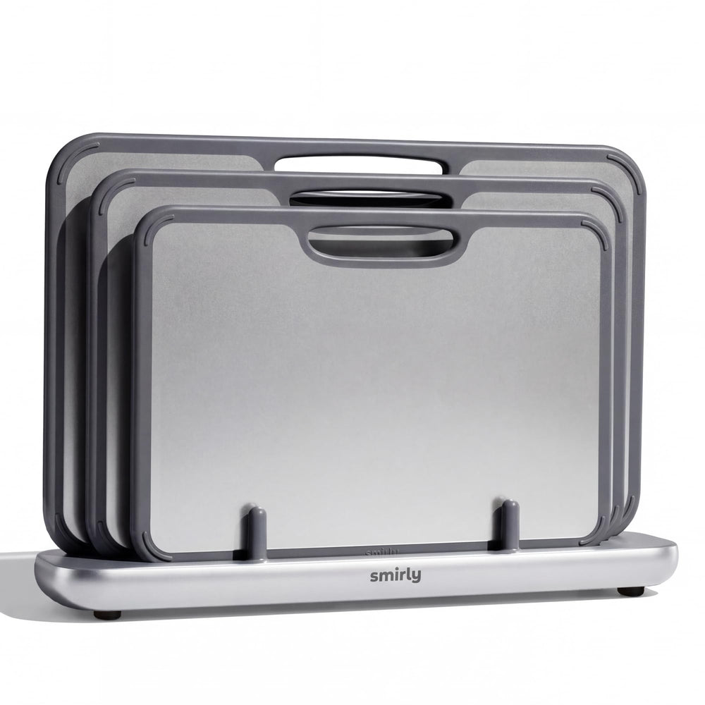 SMIRLY cutting board front packaging showing three-board set and holder for organized storage