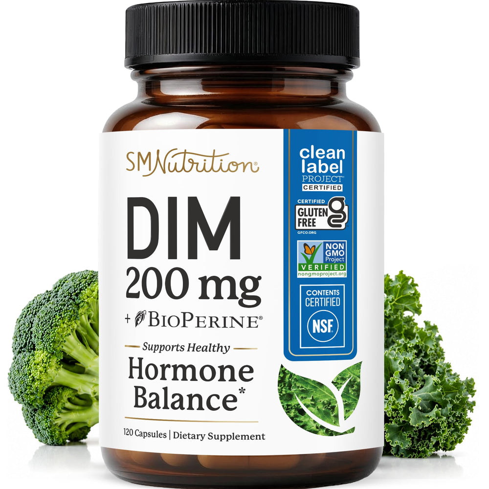 SMNutrition front bottle view showing DIM 200 label and benefits