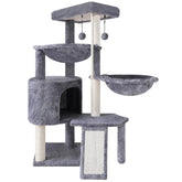 Smouatou front view of entire grey cat tree showing multiple levels and hammocks benefit: compact multi-cat solution