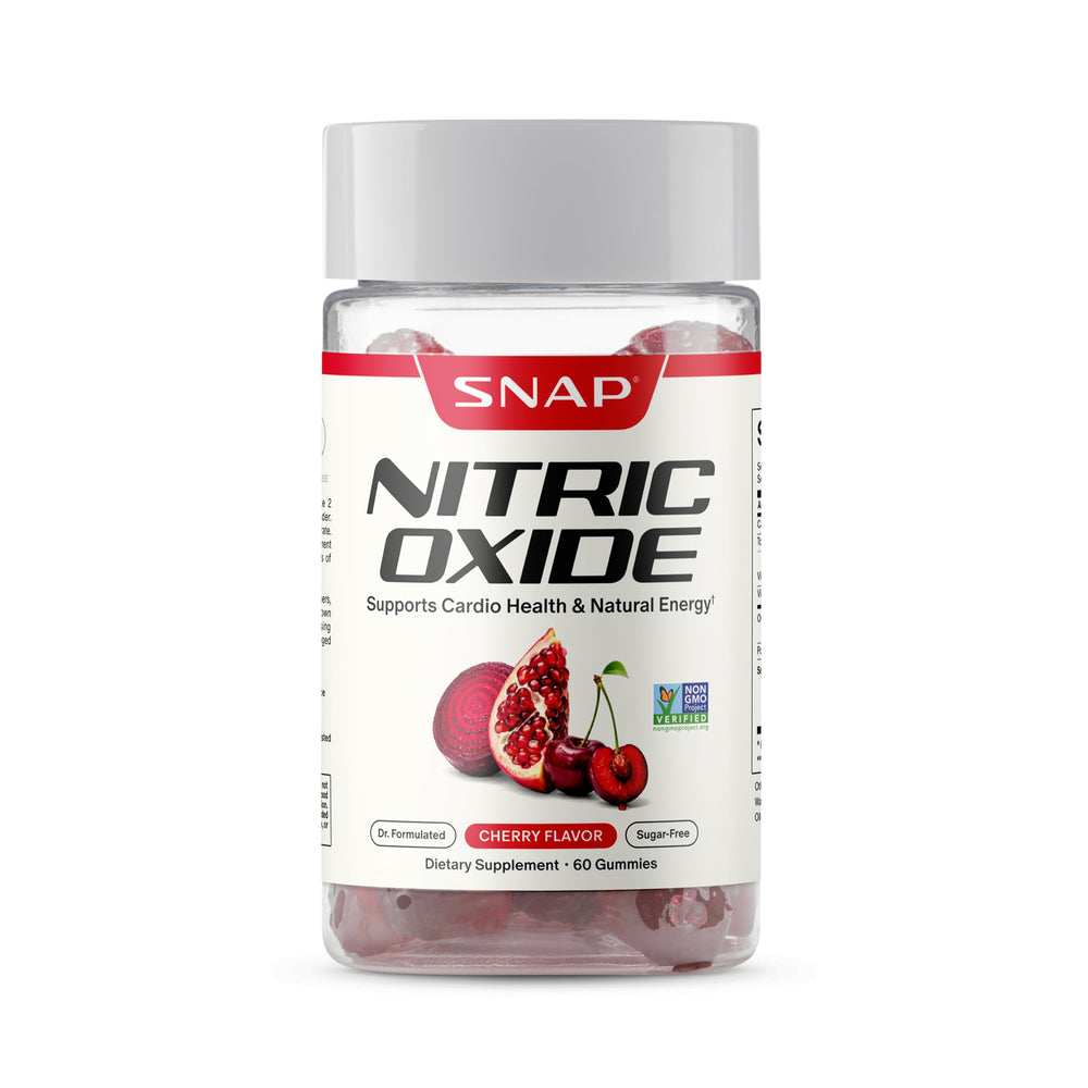 Snap Supplements front packaging showing cherry beet root gummies and benefits