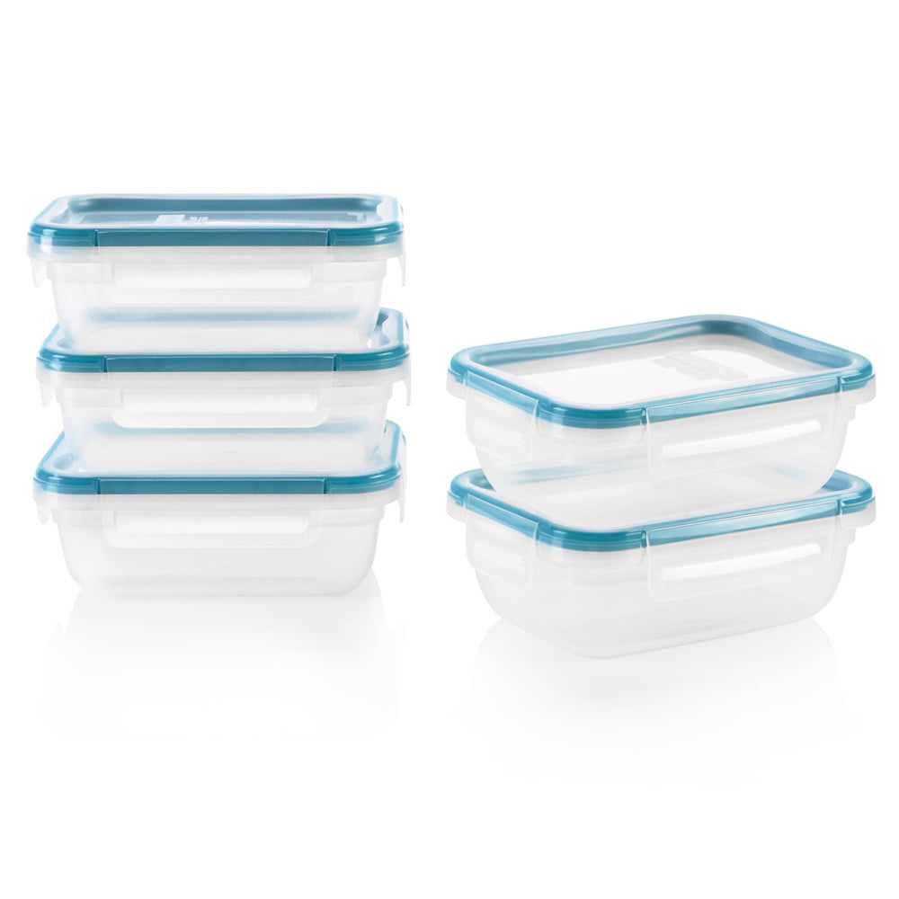 Snapware front packaging 3-cup set showing five containers and lids, highlights portability