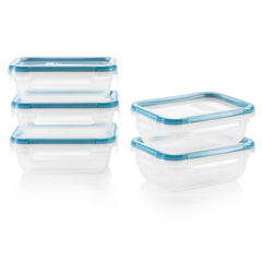 Snapware front packaging 3-cup set showing five containers and lids, highlights portability