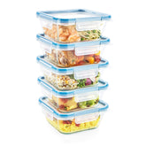 Snapware front view of five 4-cup glass containers showing airtight benefit