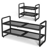SNTD front view of 2-tier black metal shoe rack showing clean organization benefit