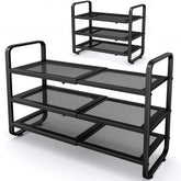 SNTD front view assembled showing compact black three-tier rack benefit organized storage