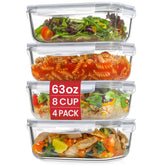 Snuvid front view of four 63oz glass containers showing lids and stackable benefit