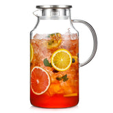 Snuvid front view of 1-gallon glass pitcher showing lid and handle, elegant serving benefit