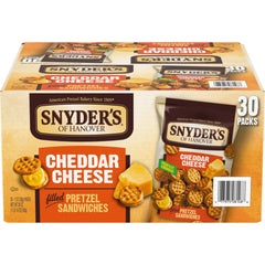 Snyder's of Hanover front box showing 30-count cheddar snack packs and convenience
