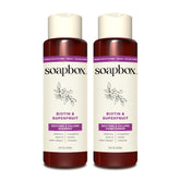 Soapbox front packaging of shampoo and conditioner shows volumizing duo benefits