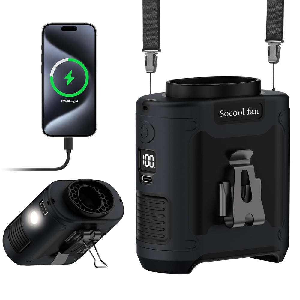 Socool fan front view showing clip-on wearable design and hands-free cooling benefit