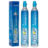 SodaStream front packaging showing two blue cylinders and exchange box, emphasizing convenience