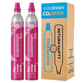 sodastream front packaging showing two pink quick connect cylinders and benefits
