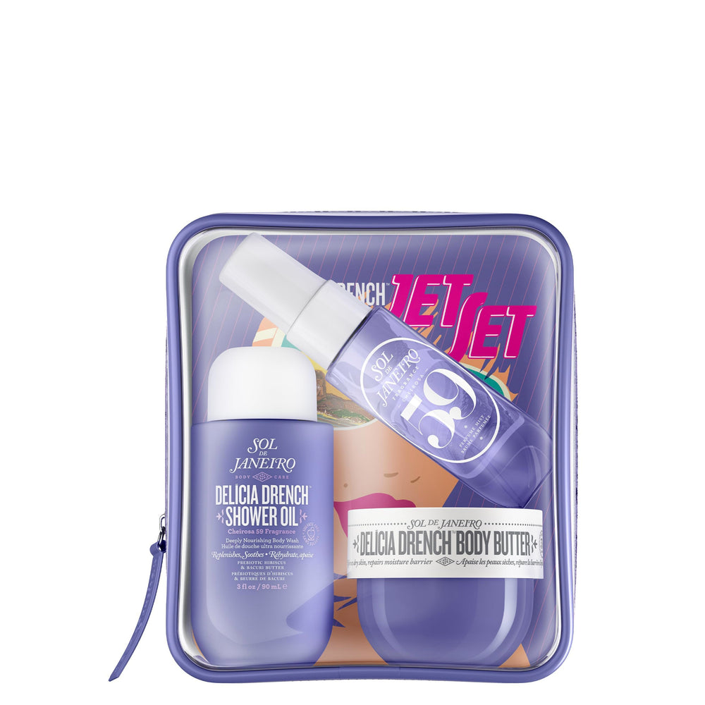 Sol de Janeiro front packaging showing the complete Delícia Drench Jet Set and benefits