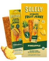 Solely front packaging showing organic pineapple jerky for easy identification