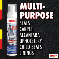 SONAX foam in use on a car seat showing gentle agitation and visible soil lift